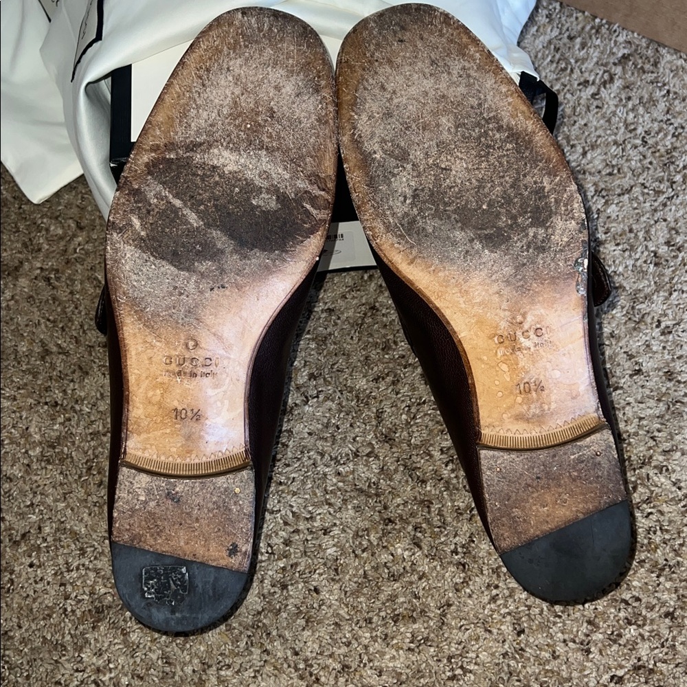 Gucci Men's Dark Brown Leather Loafers with Green and Red Stripe 10 1/2 - Picture 4 of 4